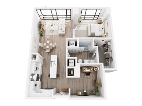 Floor plan for 1 bed, 1.5 baths, 922 sqft